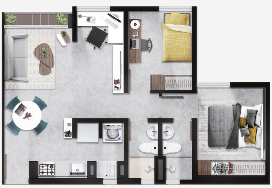 Plano del apartamento: dos habitaciones, espacio disponible, dos baños, cocina y sala comedor